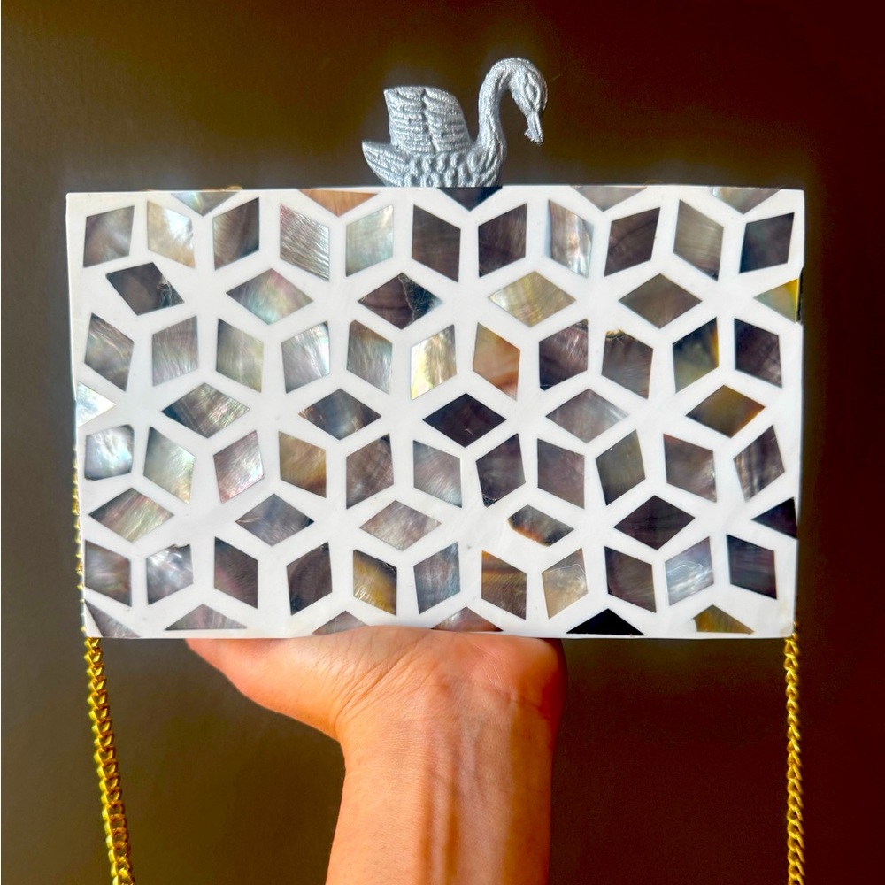 Elegant White Mother-of-Pearl Geometric Clutch with Swan Accent